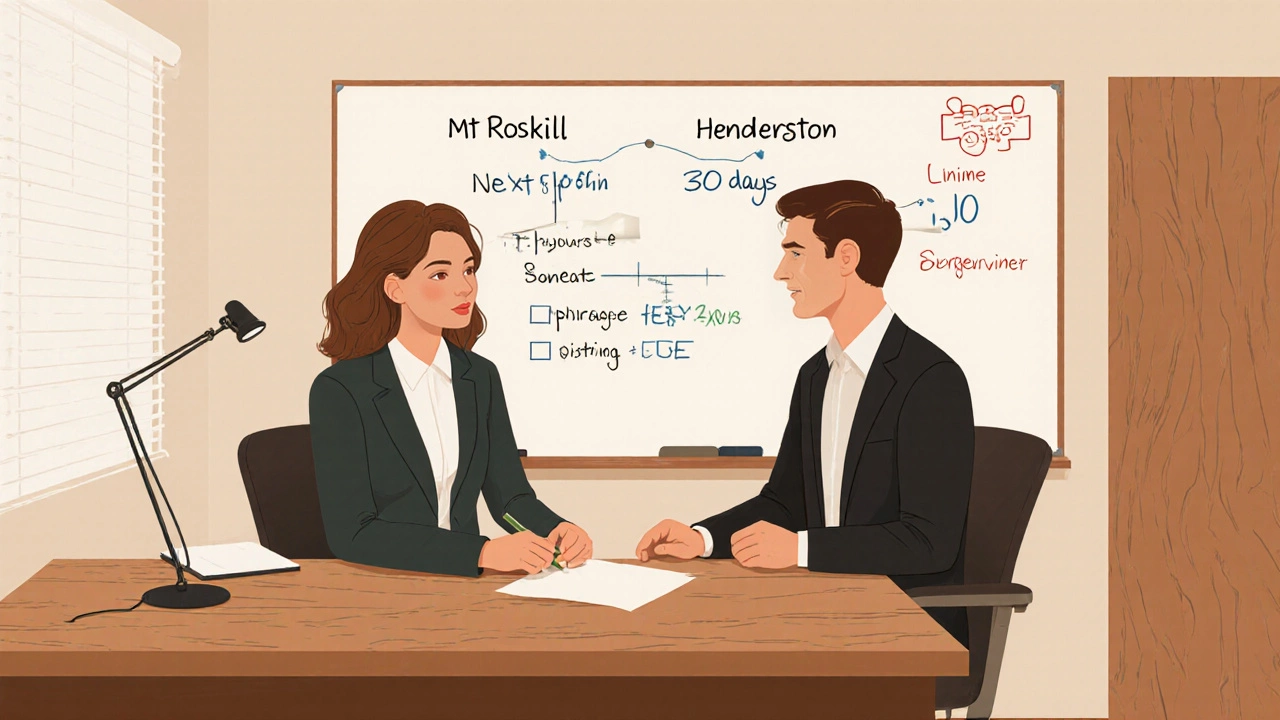 A property agent and buyer discussing local market data in a warm, clutter-free office.