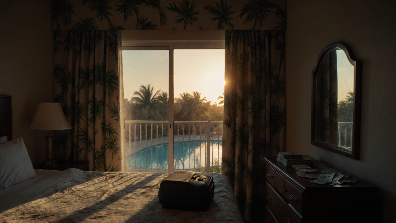 Abandoned timeshare unit with unpaid bills and closed suitcase