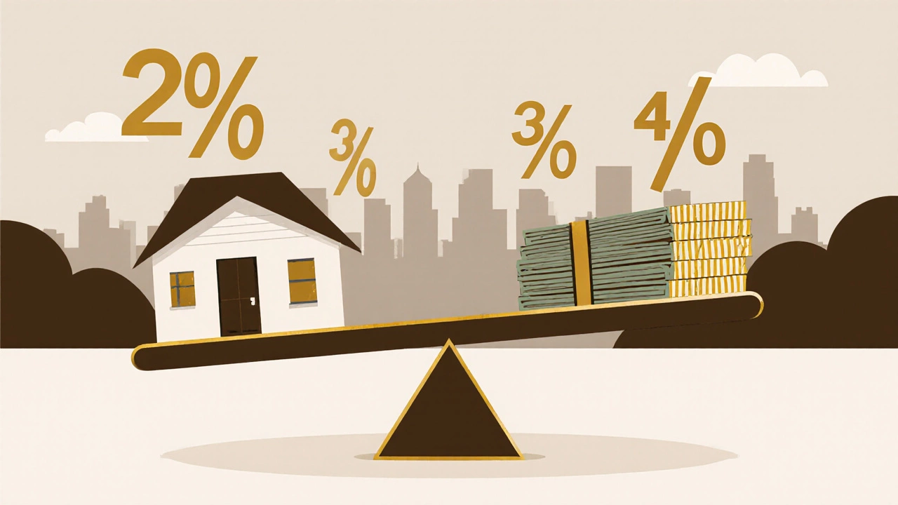 Balanced scale with house and cash, floating percentage symbols representing estate agent fees.