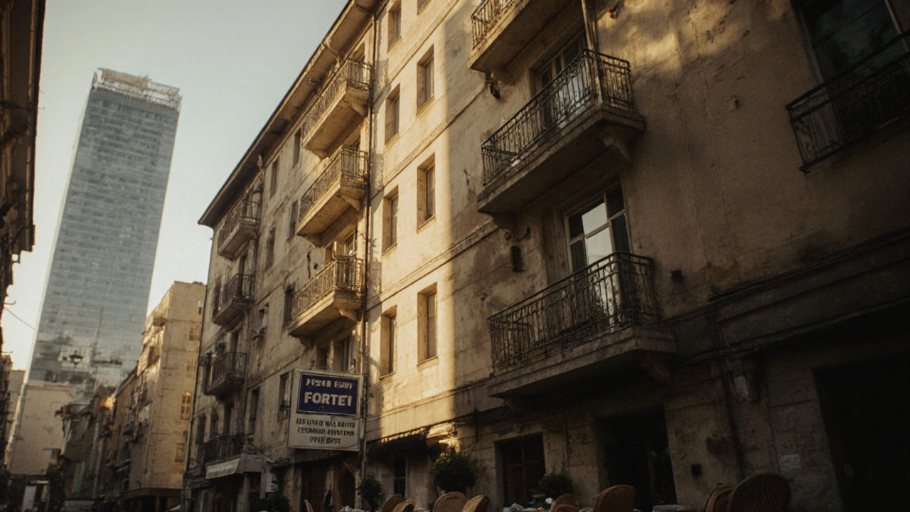 Bucharest street view with an apartment block and rental sign at sunset.