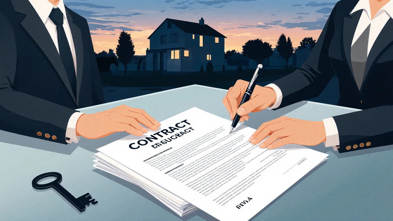 Buyer and agent reviewing contract and keys on a table with a house silhouette in background.
