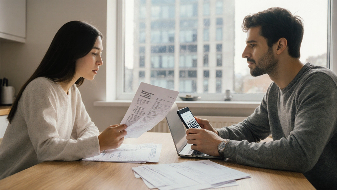 Couple reviewing mortgage, rent, and service charge papers at kitchen table.