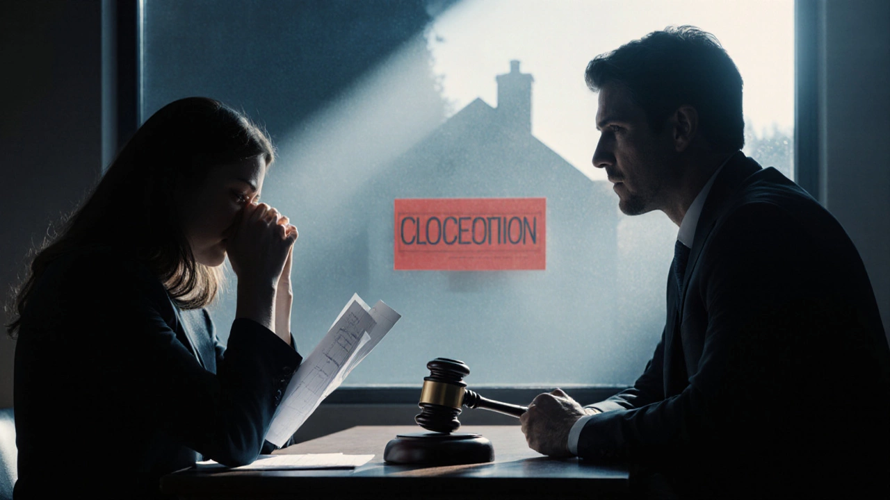 Courtroom scene showing two co‑owners opposite each other with a gavel and a house in foreclosure in the background.