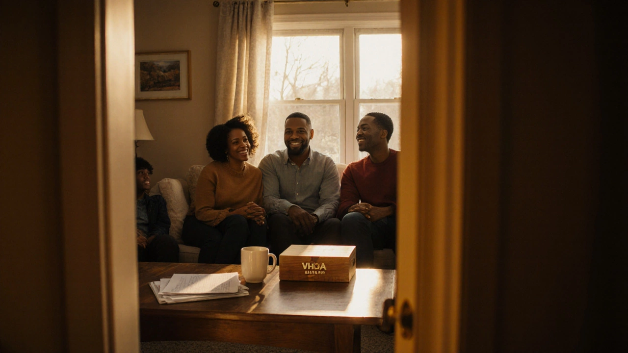 Cozy living room with family reviewing home purchase documents and assistance aid.