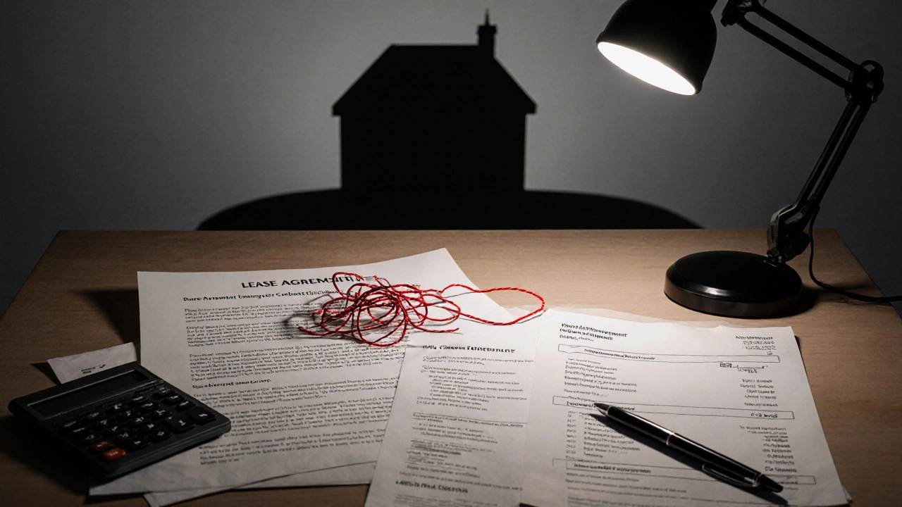 Desk with lease, mortgage, service‑charge papers, calculator, and tangled string.