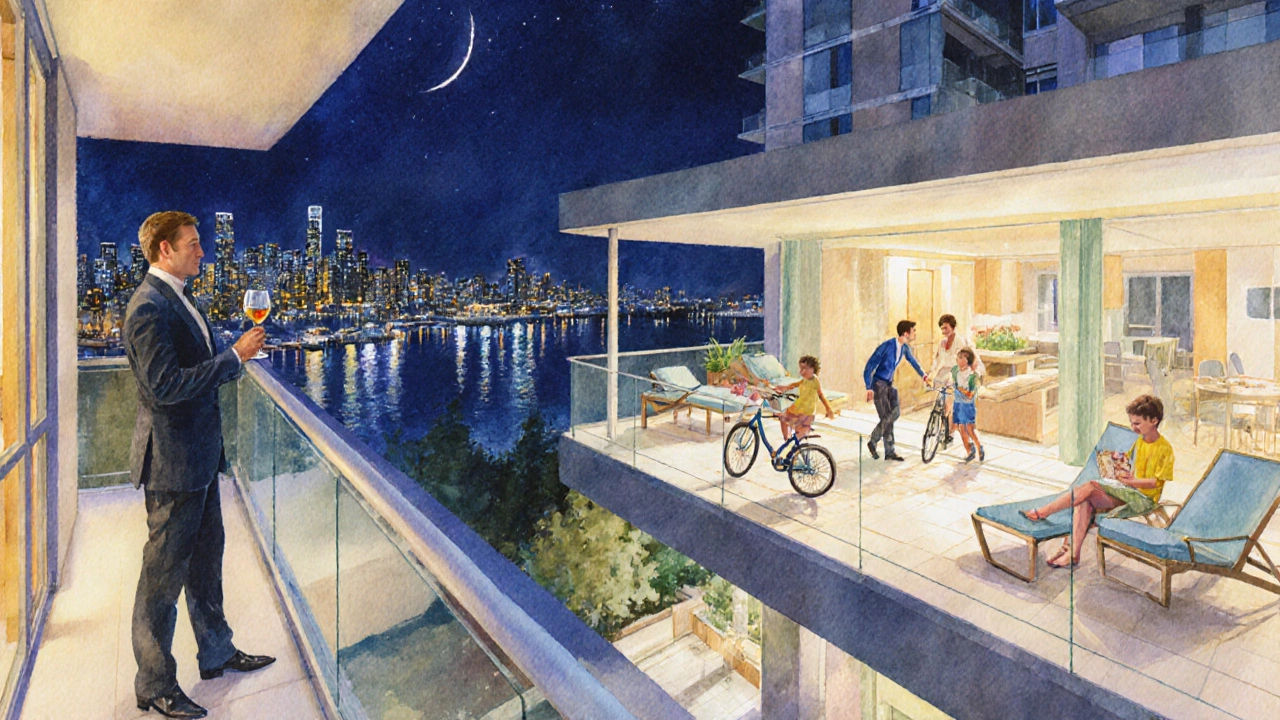 Elegantly dressed adult on a luxury balcony and a family on a premium rooftop deck.