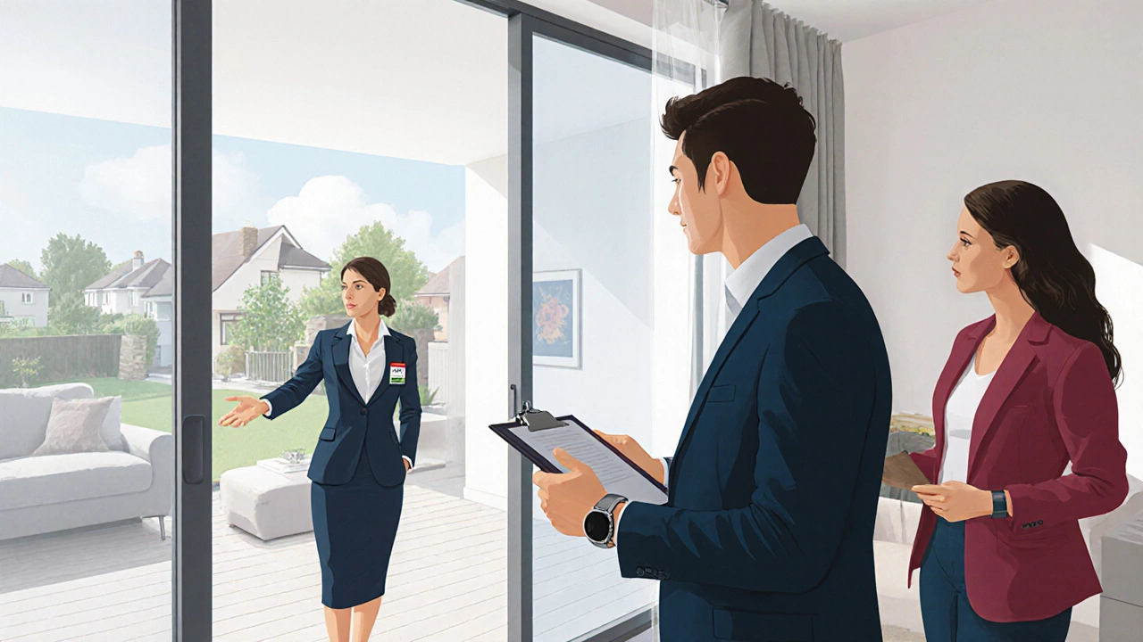 Estate agent showing a modern home interior to a buyer during a viewing.