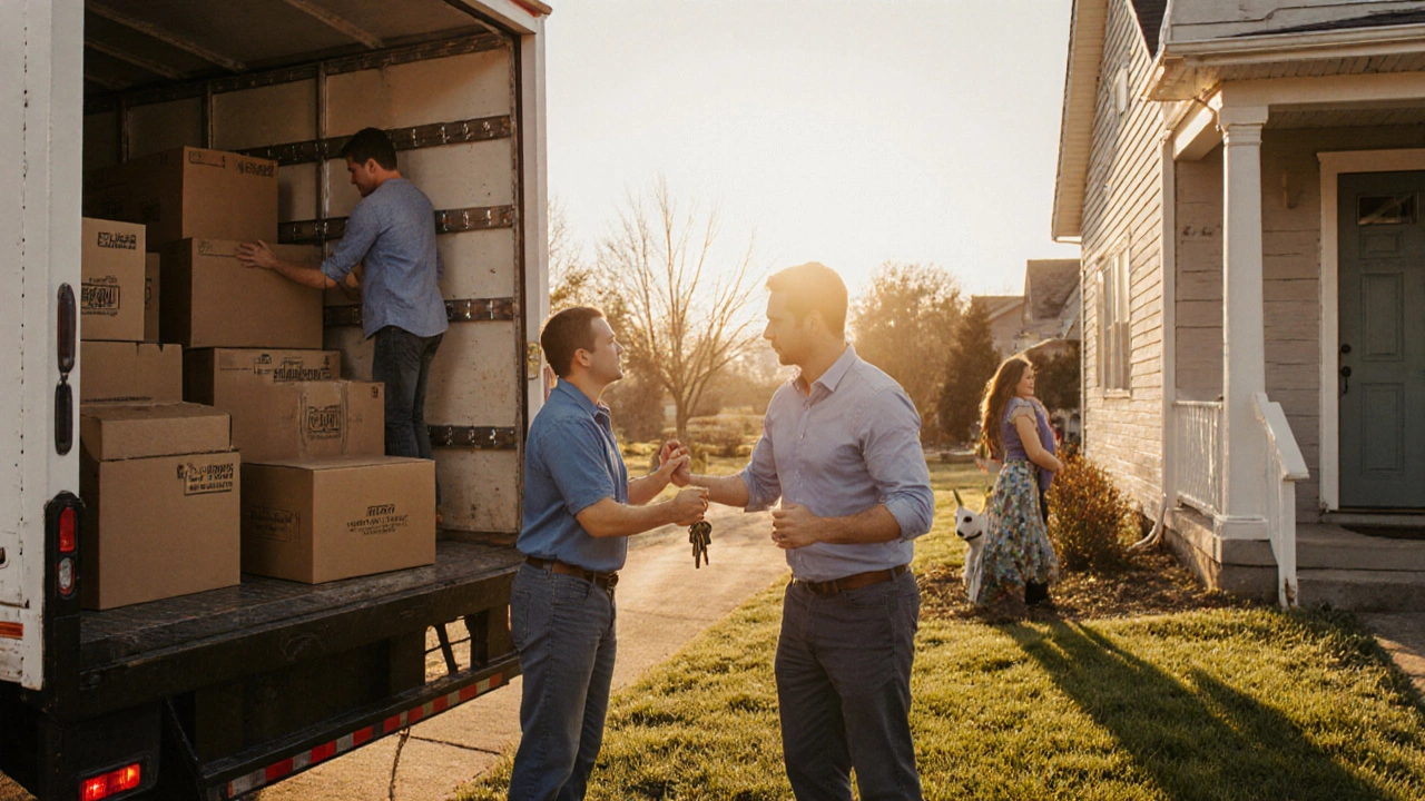 Family loading moving truck as a handyman inspects a house.