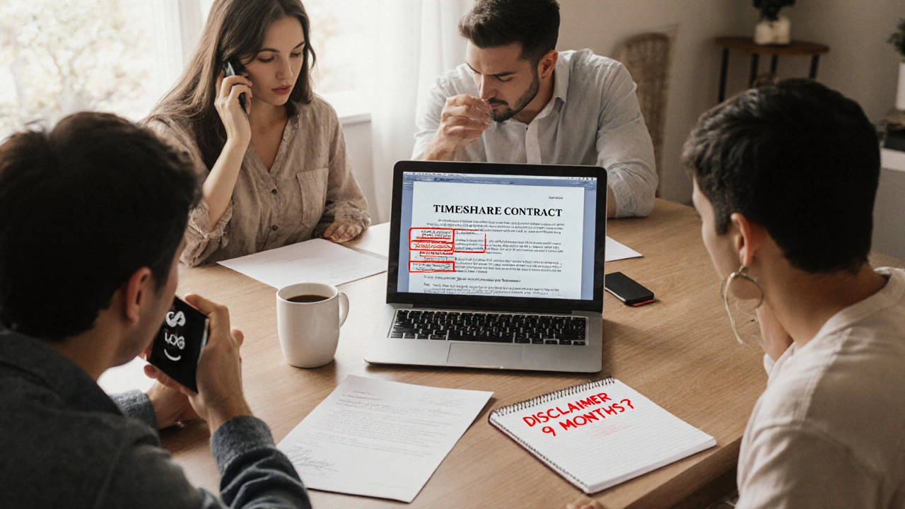 Family reviewing timeshare documents at kitchen table with attorney on phone