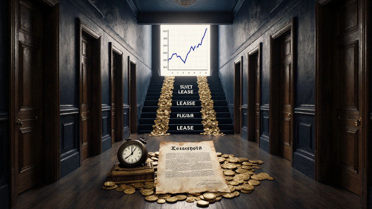 Hallway with lease doors and a gold‑coin staircase leading upward, lease document with clock.