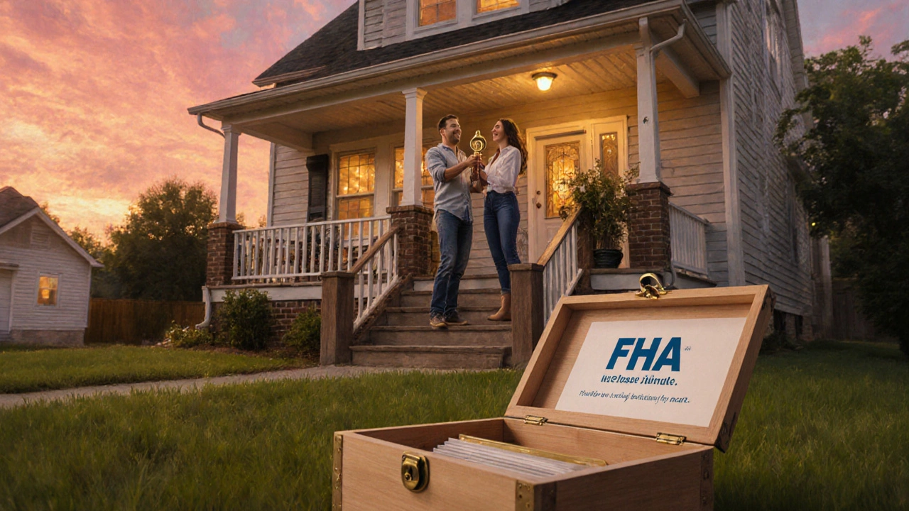 Happy first‑time homeowners receiving keys in front of their new house after securing an FHA loan.
