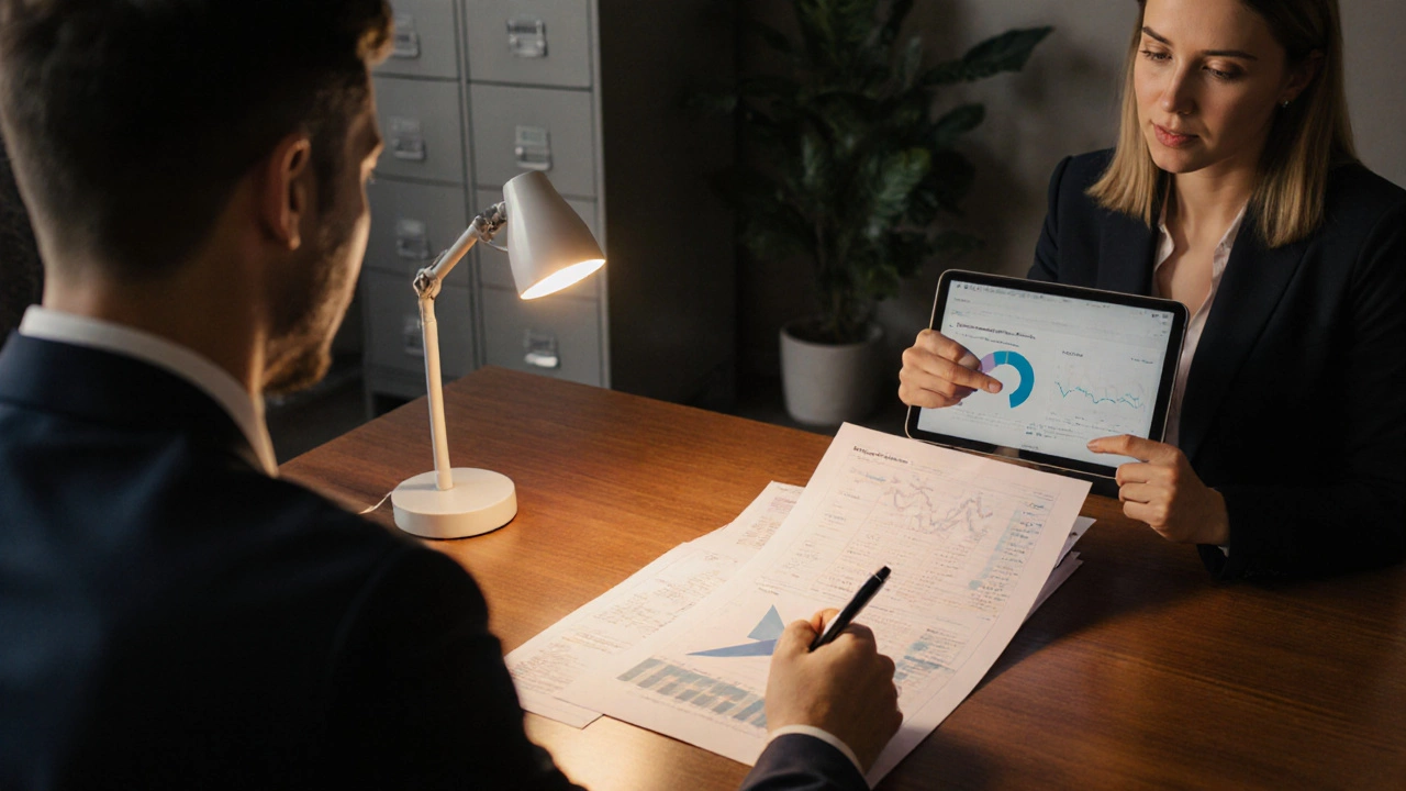 Homeowner and agent discussing a comparative market analysis at a desk.
