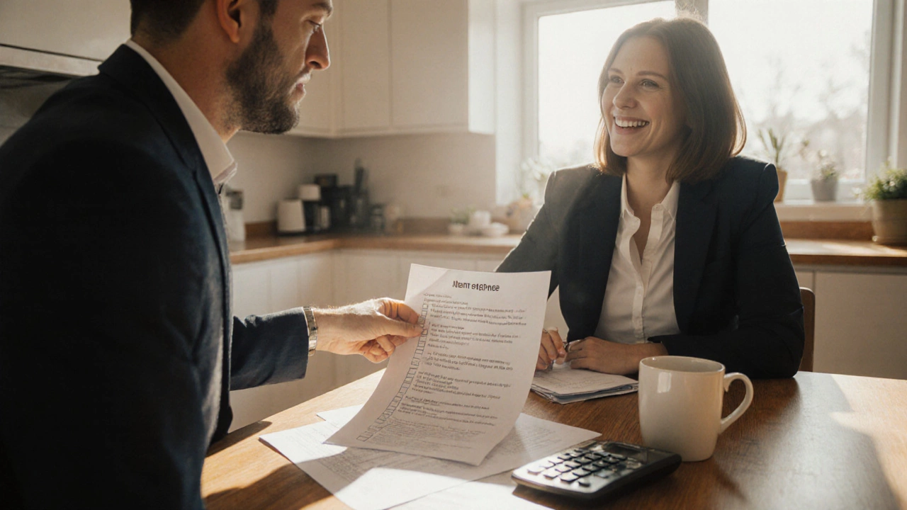Homeowner and agent reviewing documents at a kitchen table.