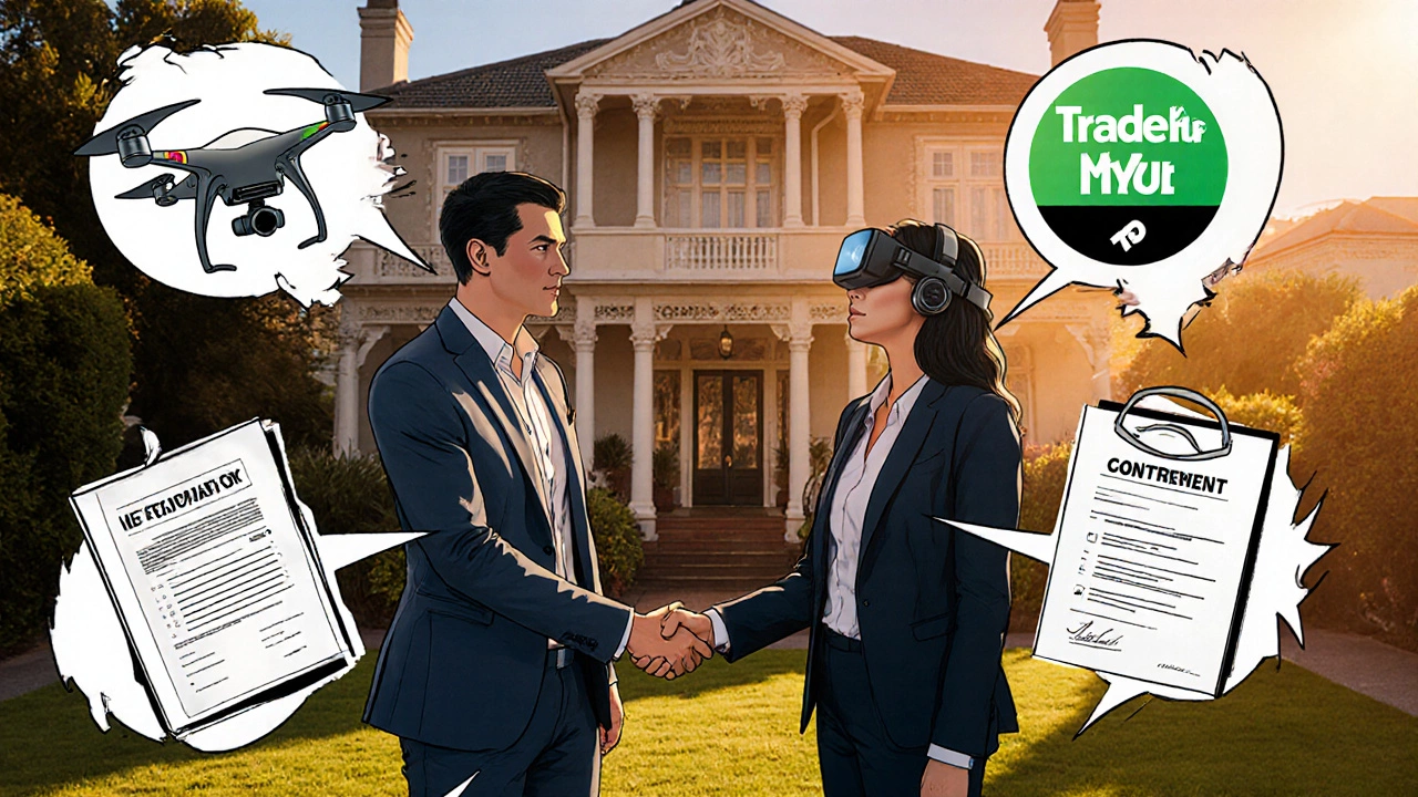 Homeowner and agent shaking hands outside villa, surrounded by marketing icons like drone and Trade Me logo.