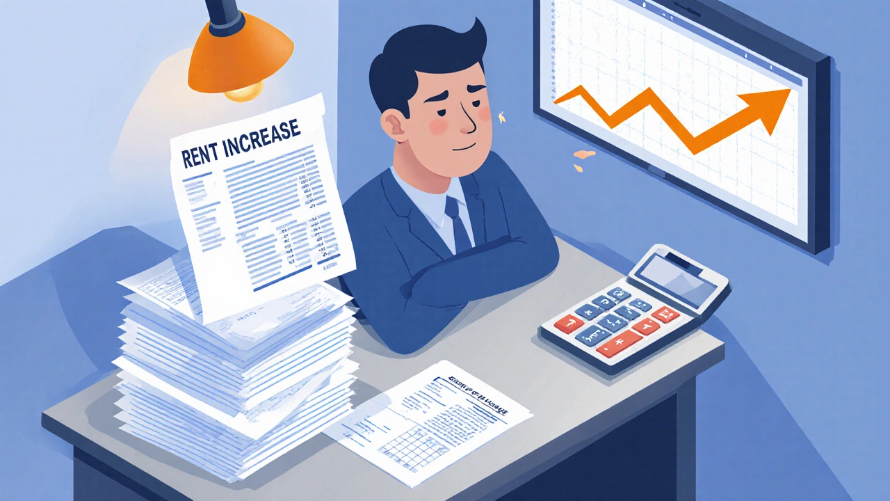 Homeowner at table surrounded by rent, service charge, and mortgage bills, looking stressed.