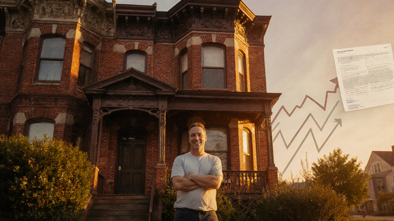 Homeowner standing before a fully owned Victorian townhouse at sunset, conveying achievement and security.