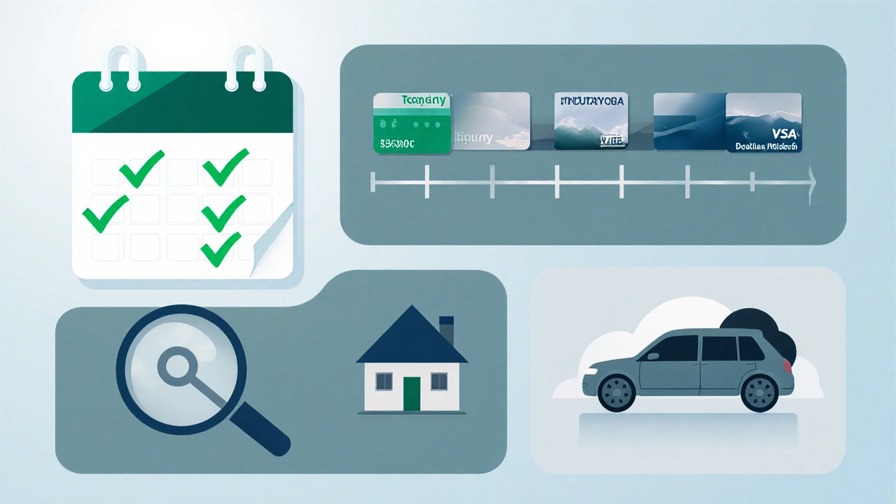Illustrated collage of five credit‑score factors: calendar, low‑balance card, timeline, inquiry magnifier, mixed credit icons.