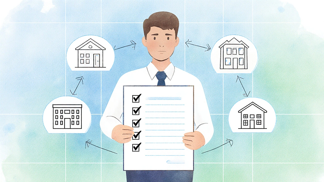Illustrated flowchart showing five company icons with houses linked to a lender’s checklist.