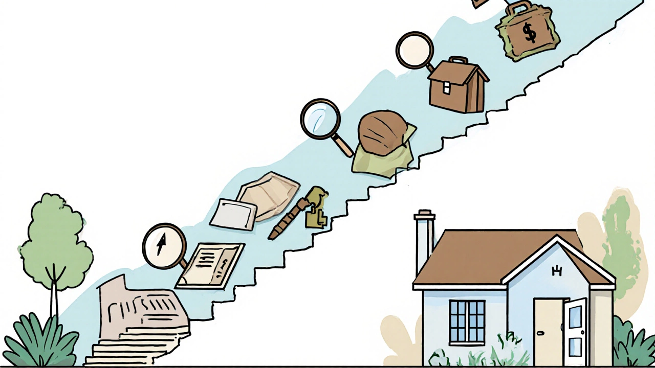Illustrated staircase of steps with icons showing valuation, mortgage, legal work, and key, representing the path to full ownership.