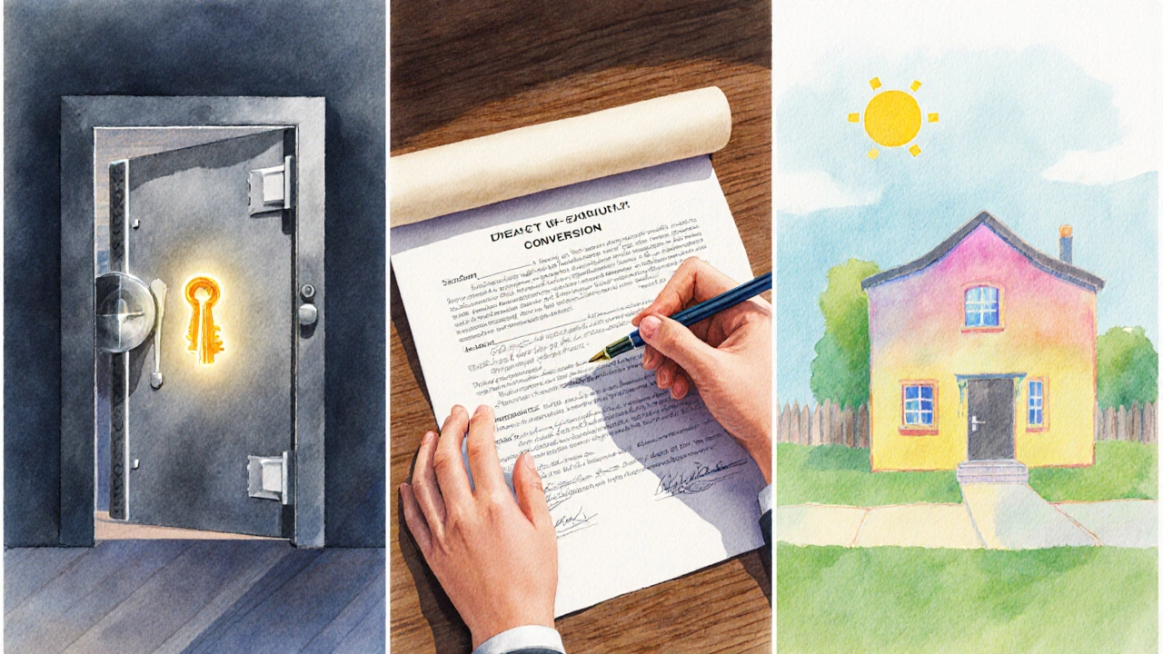 Illustration of a vault key, a signed agreement, and a bright house, representing trusts and protective measures.