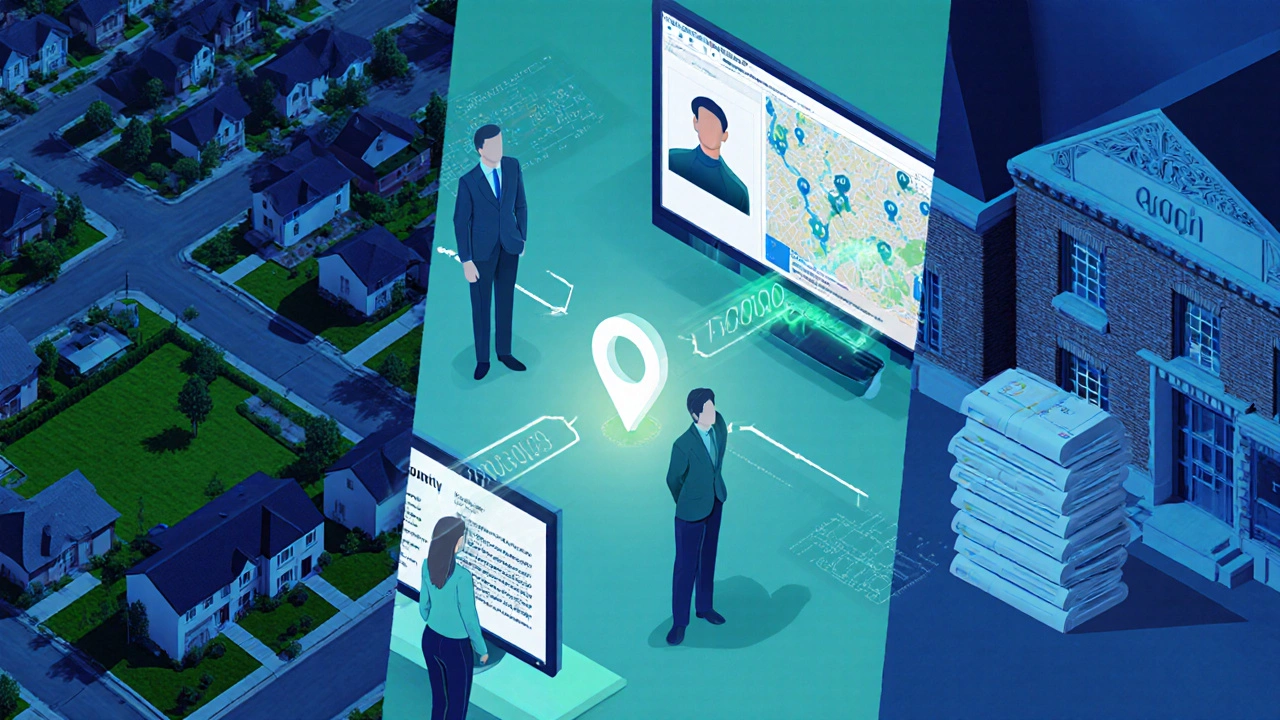 Illustration of satellite view, real‑estate office, and county records feeding an algorithm.