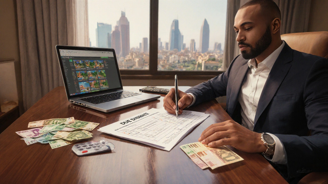 Investor’s office with currency notes, laptop, and due‑diligence checklist.