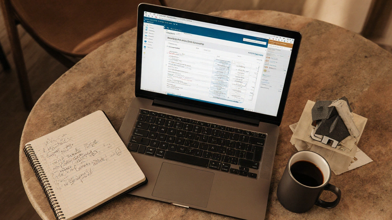 Laptop showing mortgage calculator surrounded by notes and house model.