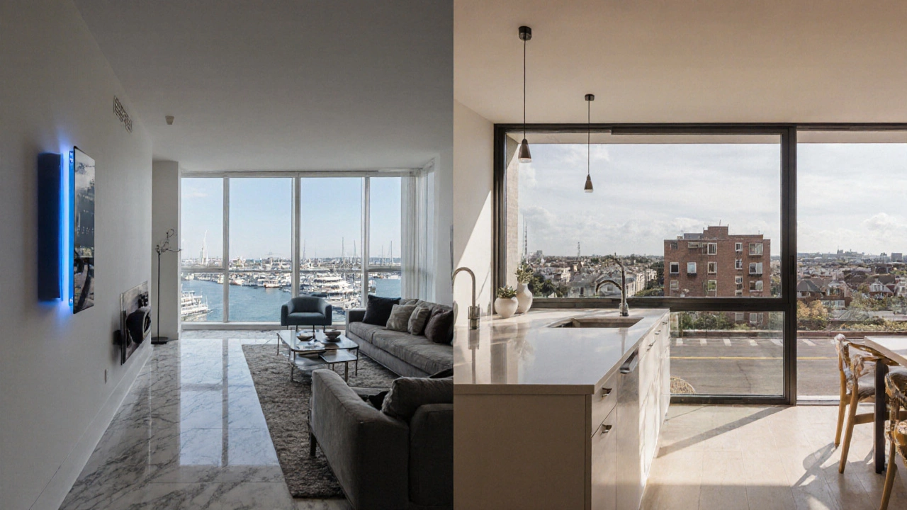 Luxury penthouse living room with harbor view contrasted with premium loft living area.