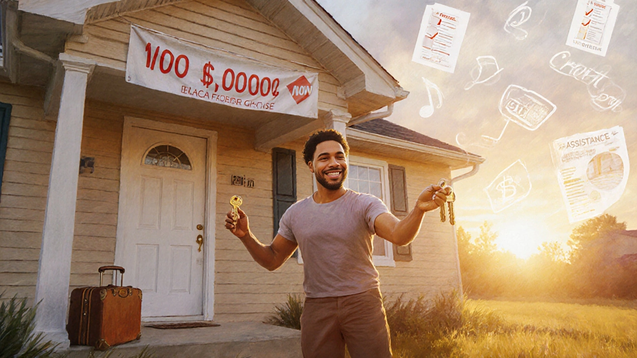 New homeowner holding keys in front of a sold 0,000 house at sunrise.