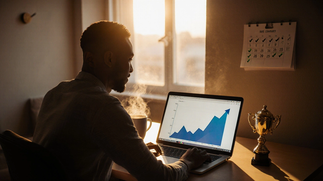 Person celebrating at a desk with laptop, coffee, and a glowing trophy, symbolizing near‑perfect credit.