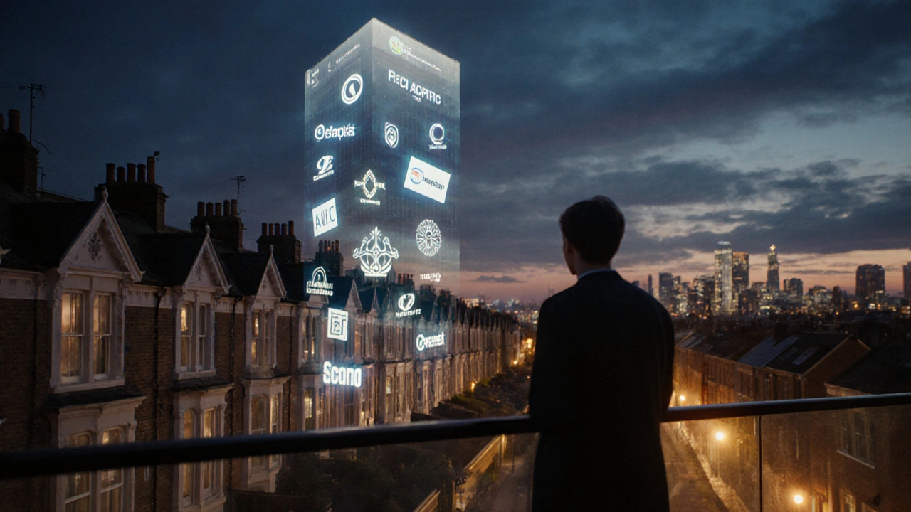 Person on balcony overlooking houses as merged company logos form a consolidated building at dusk.