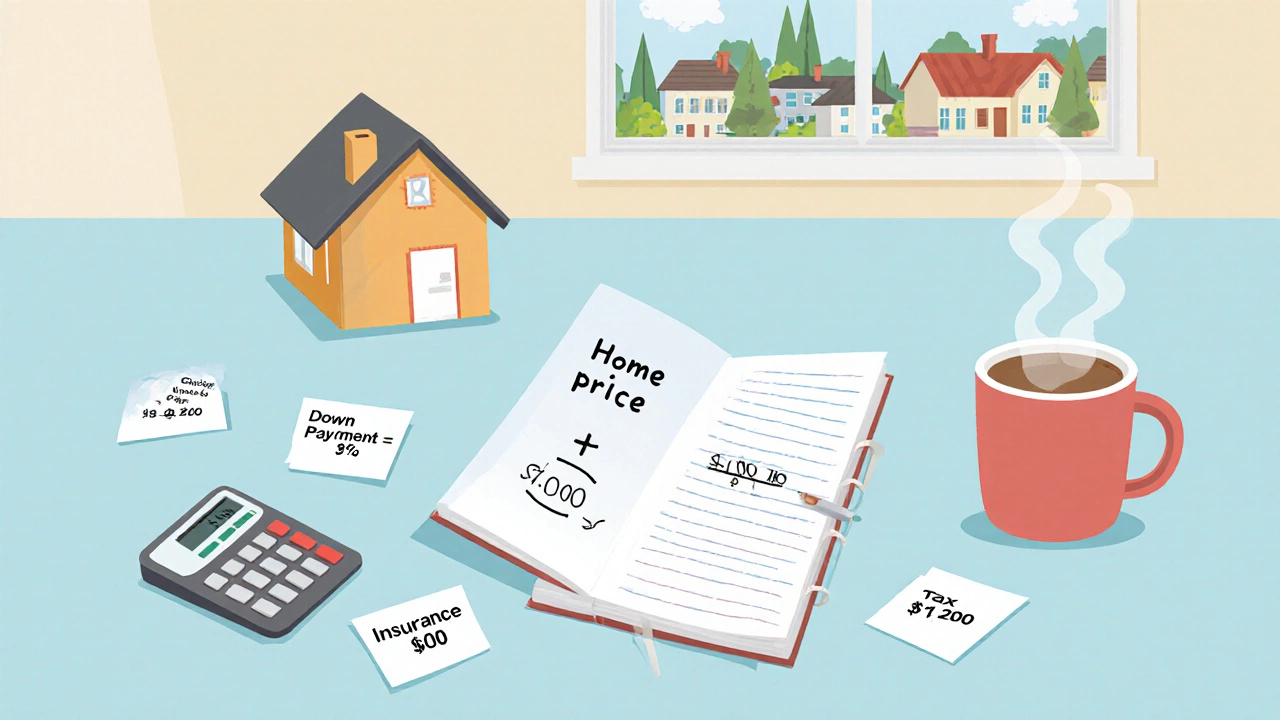 Table with house model, calculator, notebook showing down‑payment formula, and cost notes.
