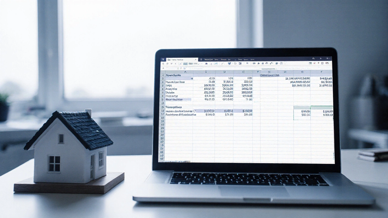 Valuer&#039;s office with laptop, house model, and blurred spreadsheet on desk.