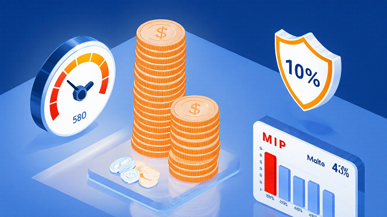 Visual breakdown of FHA loan hurdles: credit score gauge, down‑payment stack, mortgage‑insurance icon, and debt‑to‑income meter.