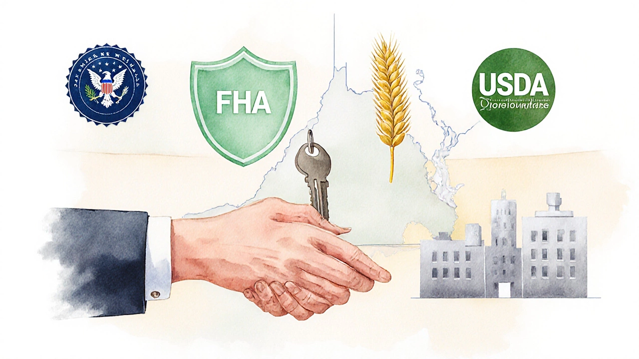 Watercolor depiction of VA, FHA, USDA, and conventional loan symbols around a key handover.