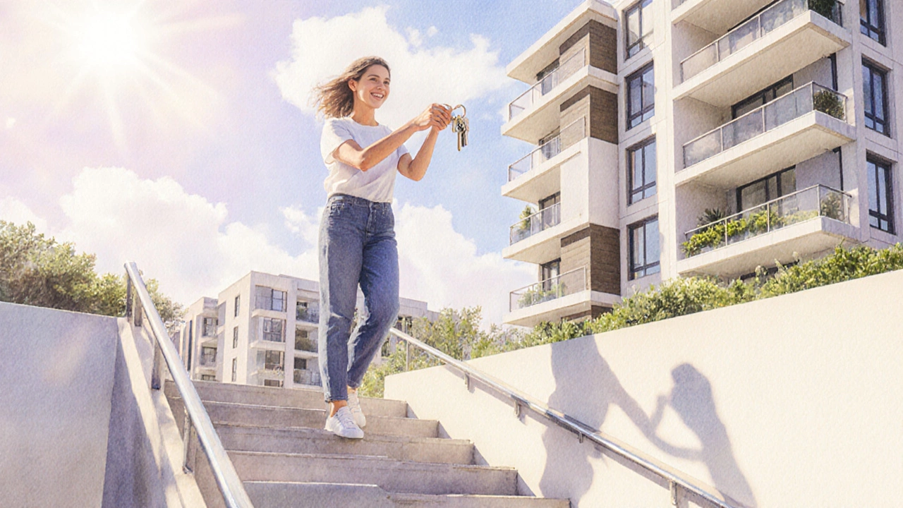 Woman receiving keys near stairs in front of new Auckland housing development.
