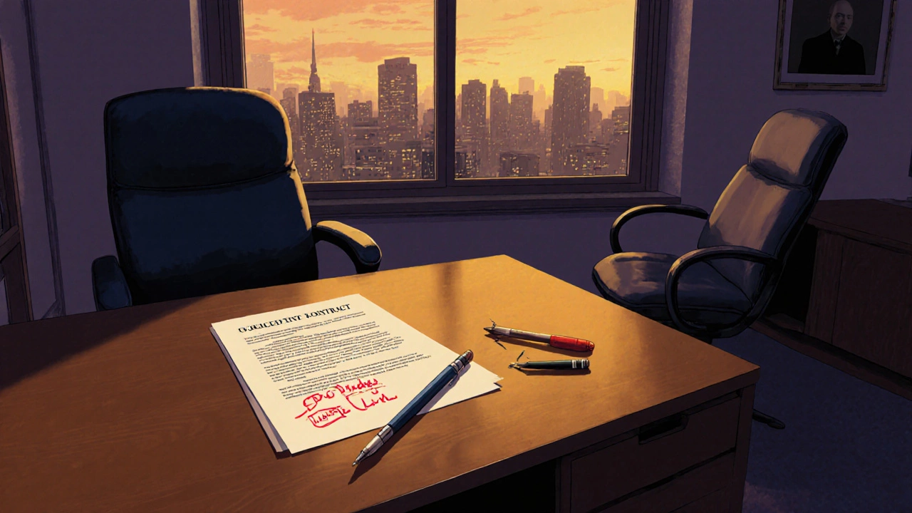 A broken pen beside a handwritten contract on a desk, two chairs pulled apart in a lawyer&#039;s office.