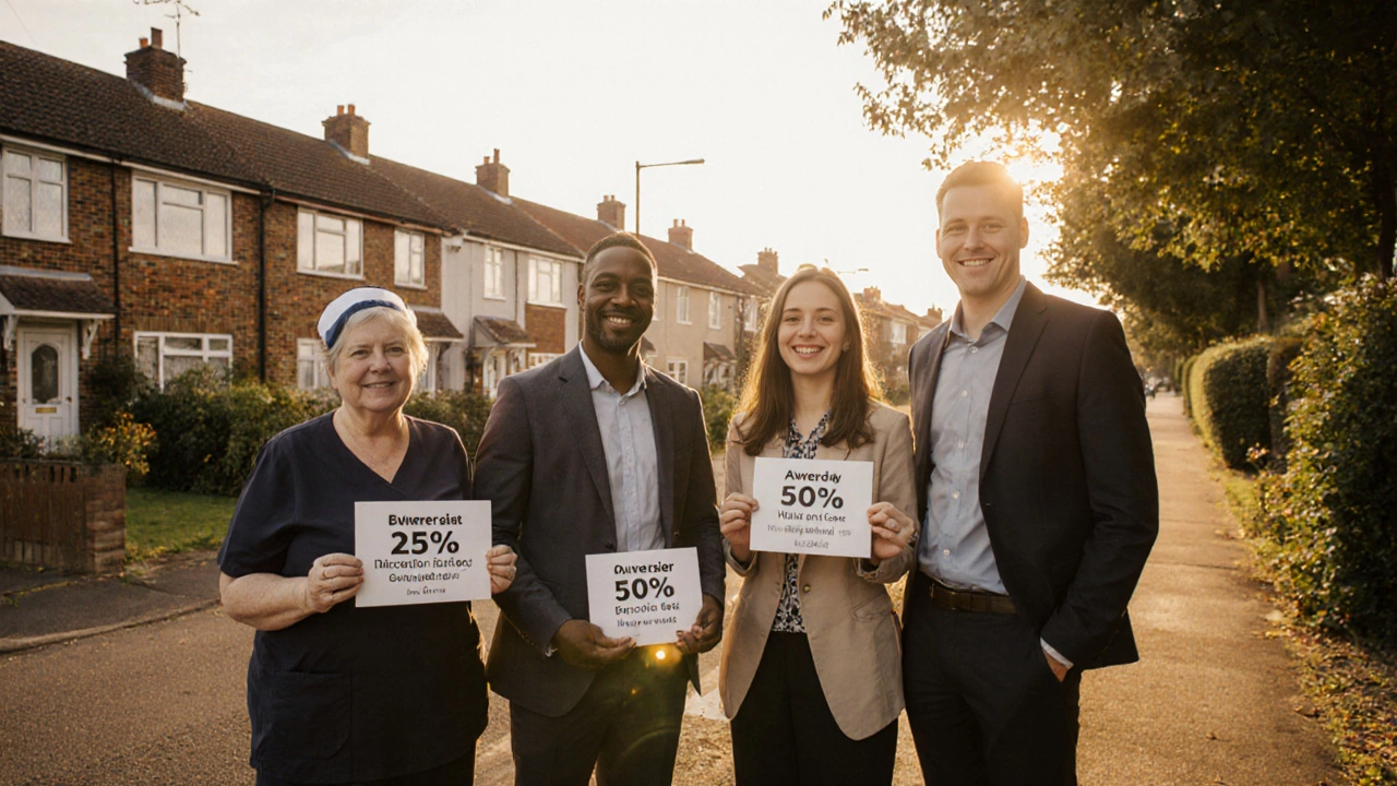 A diverse group of homeowners outside shared ownership properties, each holding their ownership percentage plaque.