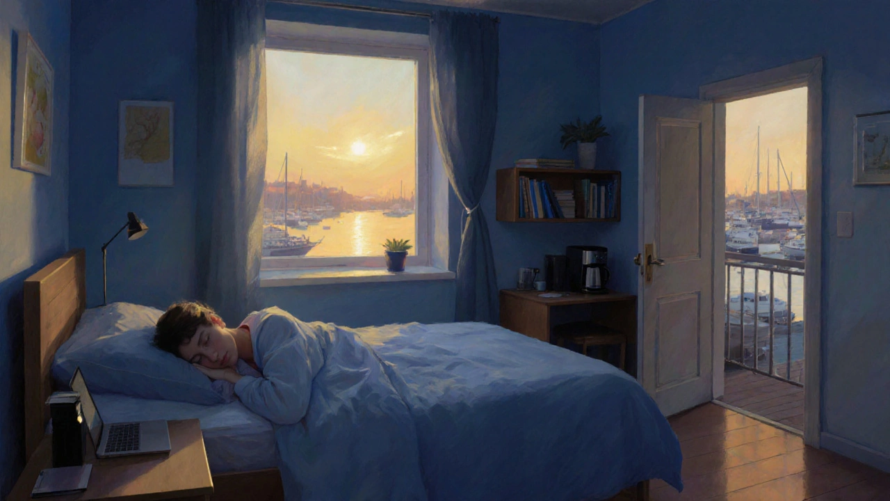 A quiet private studio apartment with a harbor view at sunrise.