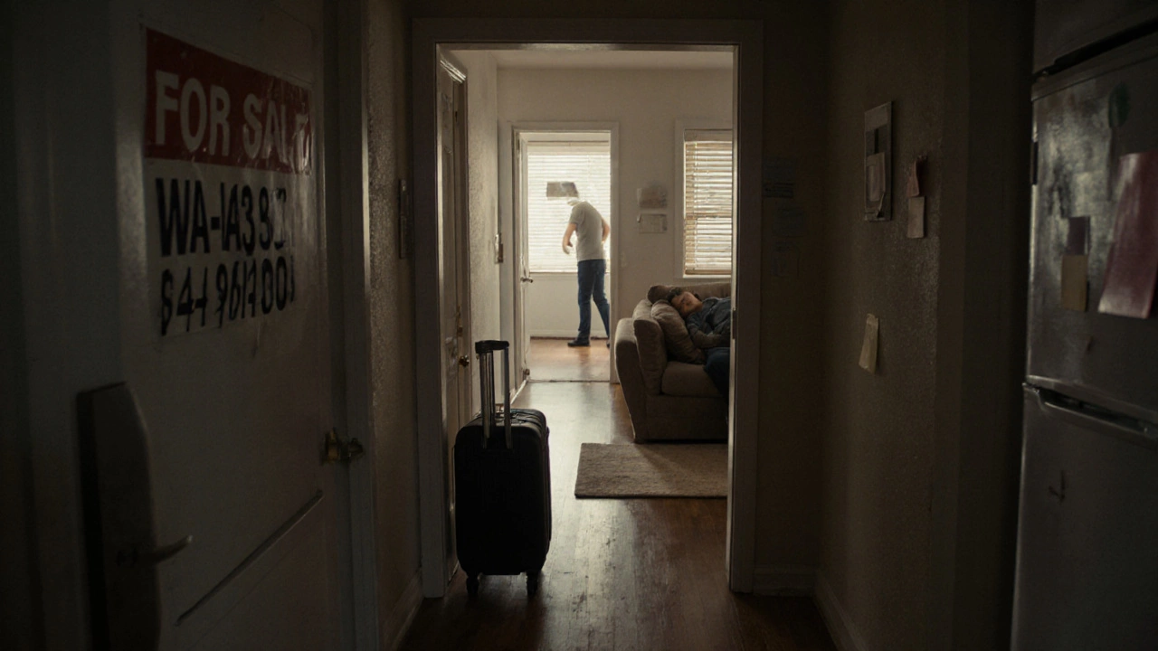 An empty hallway with a for-sale sign and a stranger sleeping on the couch in a shared home.