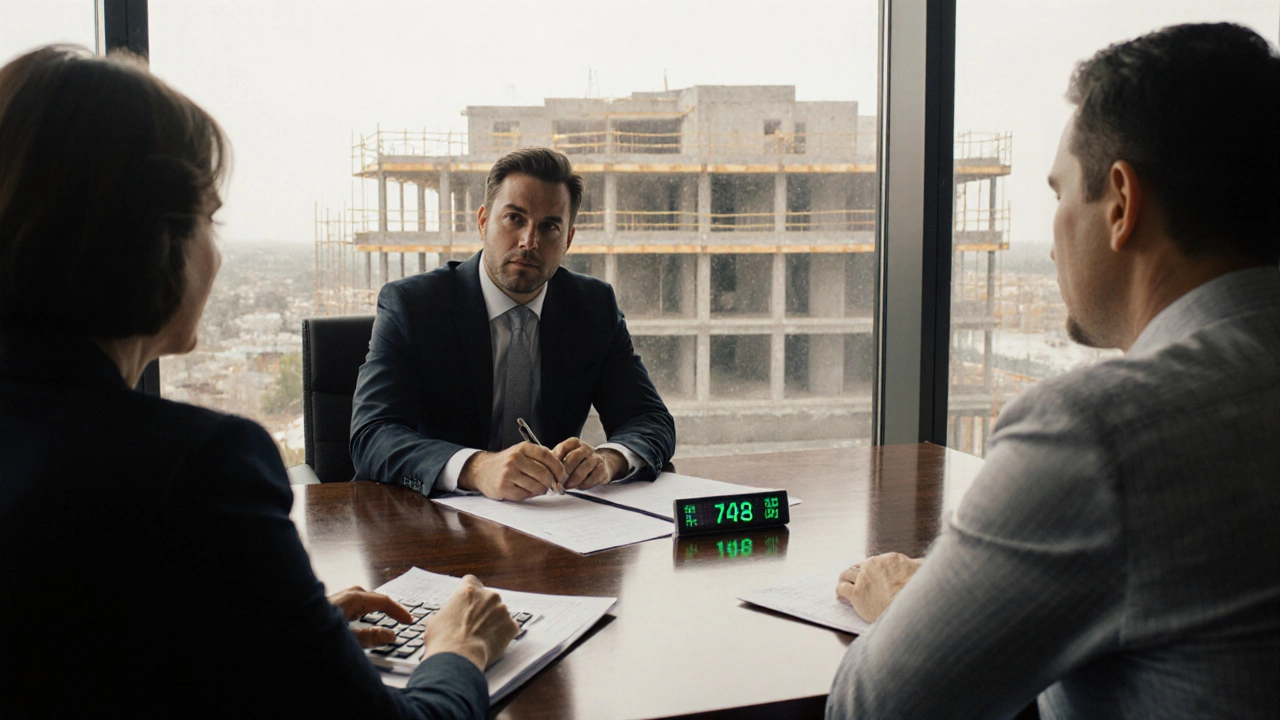 Financial advisor and couple reviewing mortgage documents in an upscale office.
