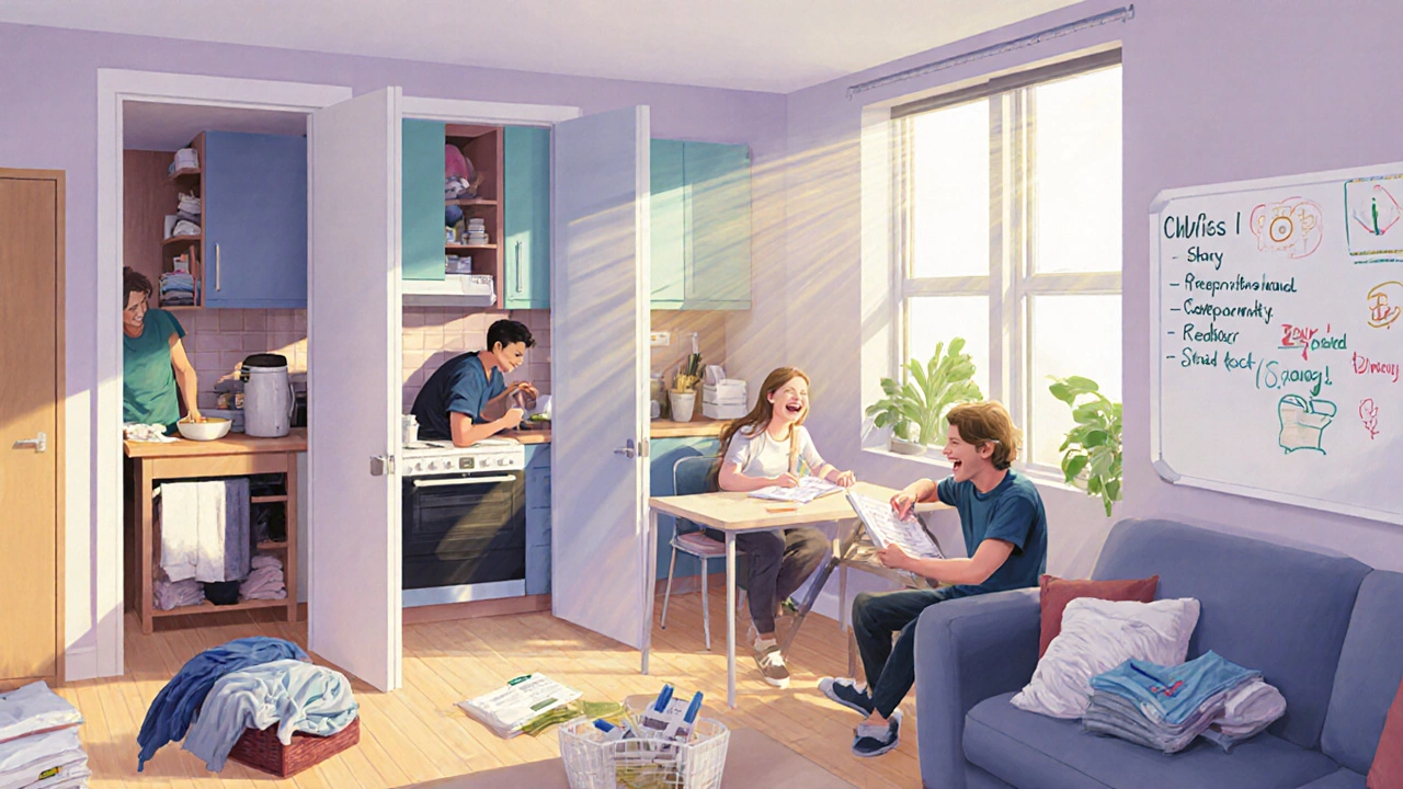 Four students sharing a kitchen and living space in an off-campus flat.