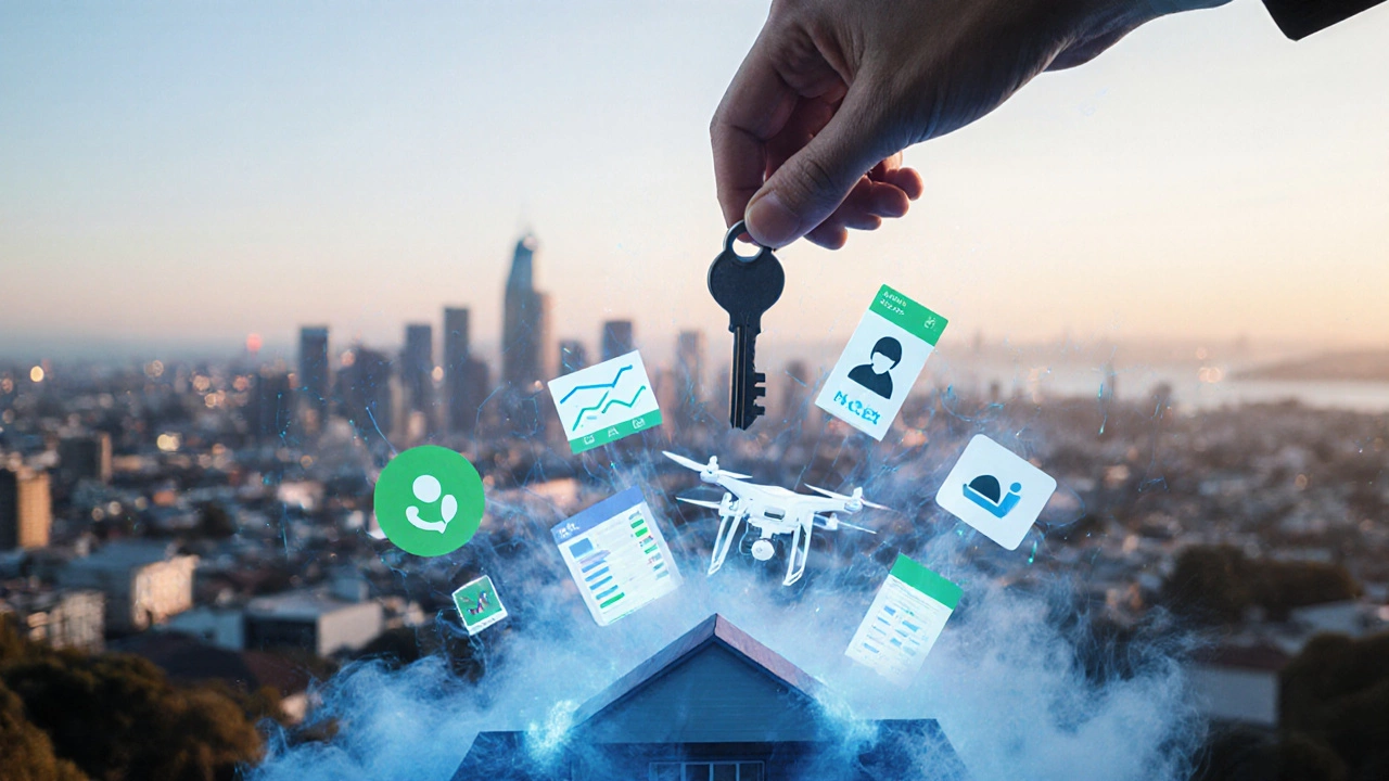 Hand holding a key above digital icons of buyer profiles, drone footage, and sales graphs against Auckland skyline.