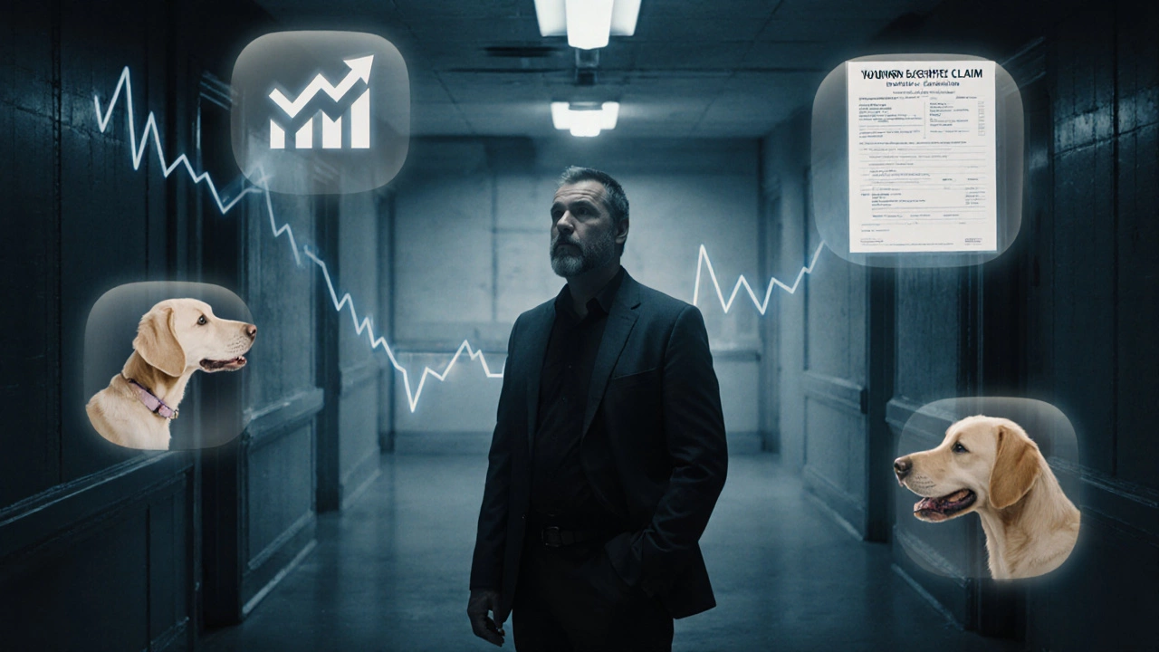 Landlord surrounded by floating icons of insurance claims, barking sounds, and damage reports in a dim hallway.