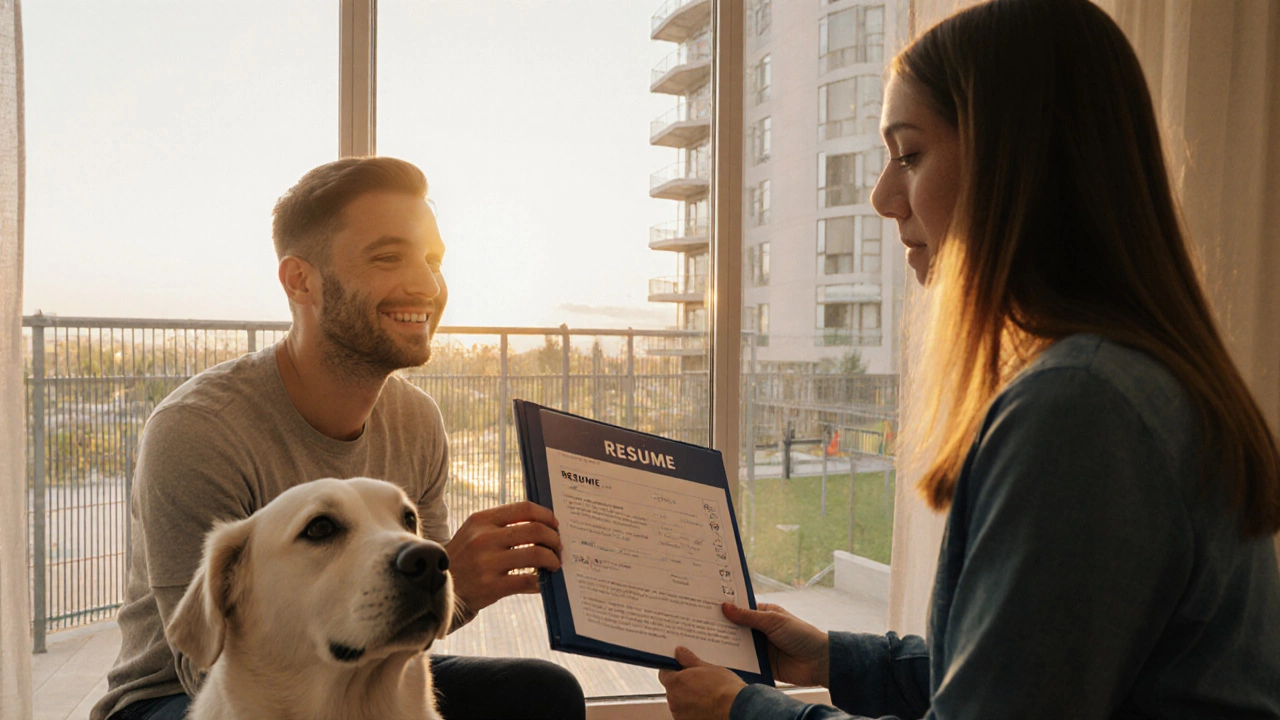 Pet owner handing a pet resume to a landlord in a pet-friendly apartment with balcony and dog park in view.