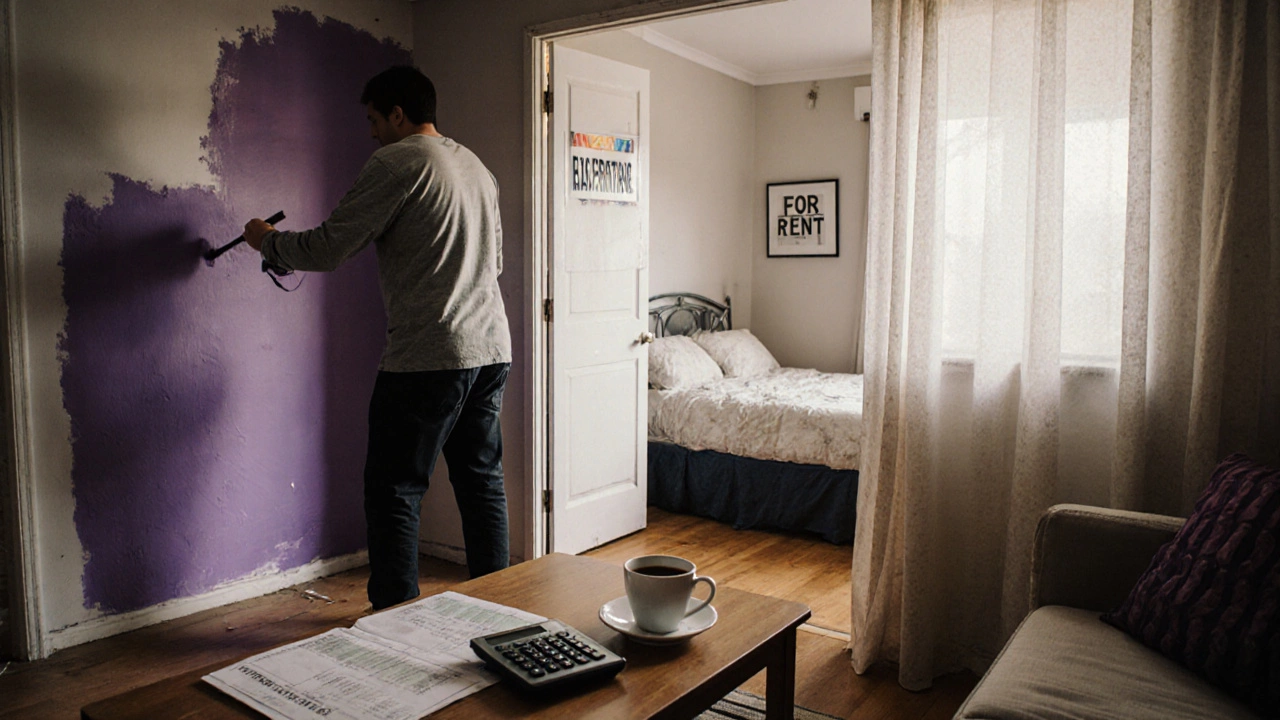 Someone painting a purple wall in a small home while a spare room is rented out, with bills and coffee on the table.