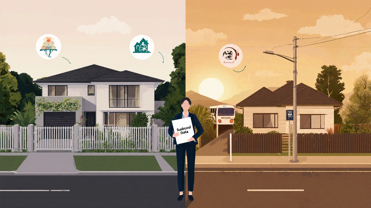 Split illustration of Remuera and Papakura homes with an agent holding suburb sales data in the center.