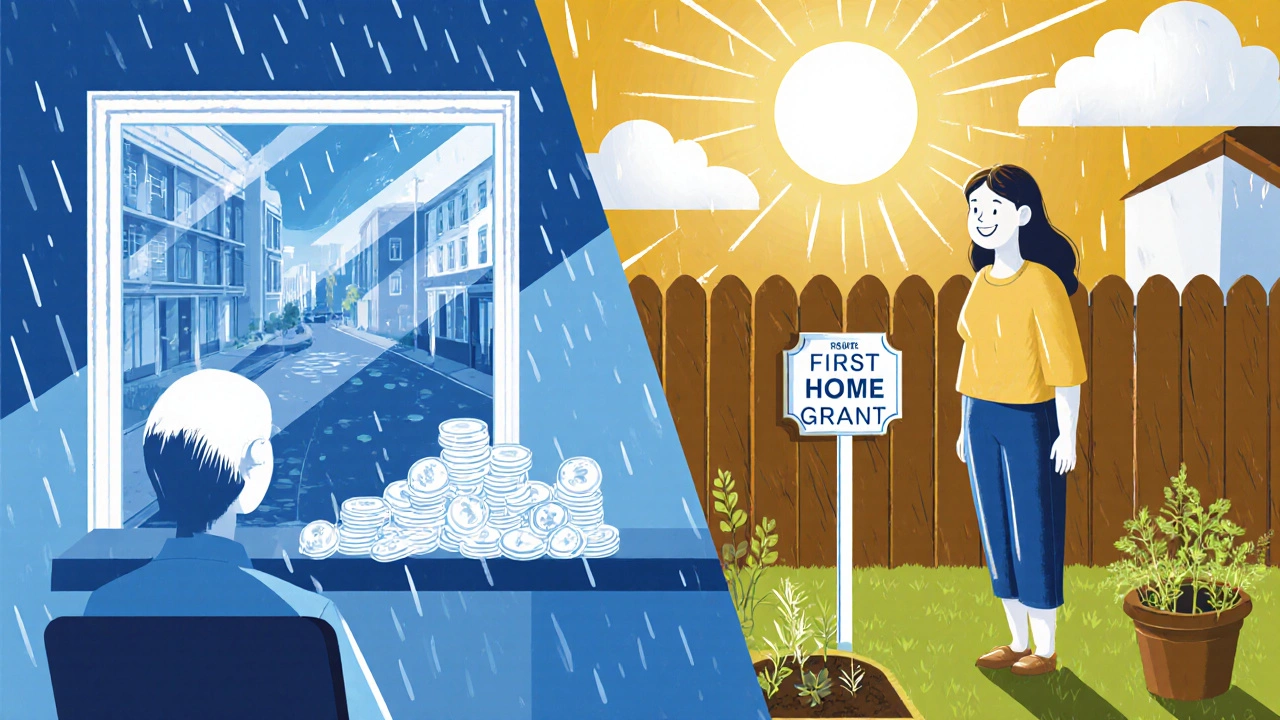 Split image showing renter stress on one side, homeowner joy with herbs and grant plaque on the other.