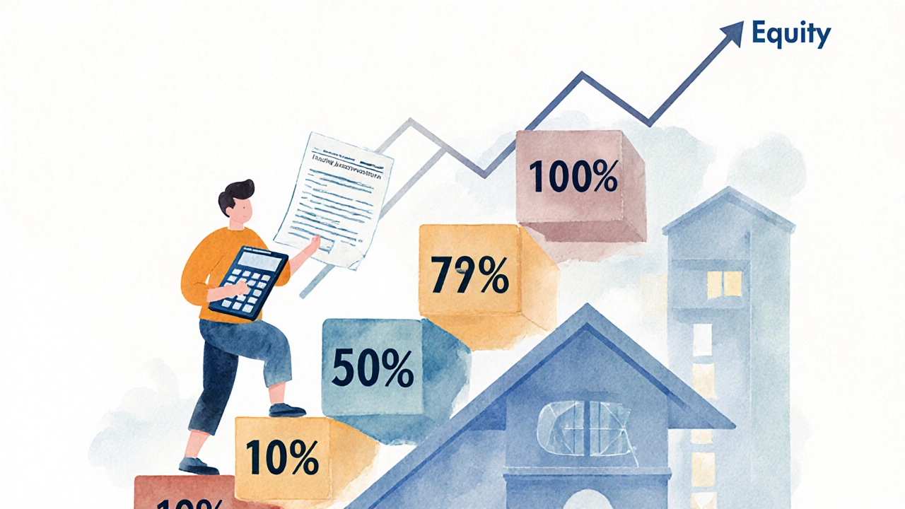 Staircase made of percentage blocks rising from a house, symbolizing staircasing toward full ownership.