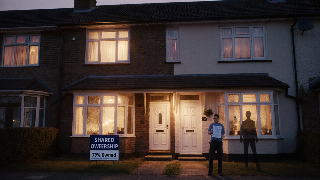 Terraced UK home at dusk, half-lit to show shared ownership between resident and housing provider.